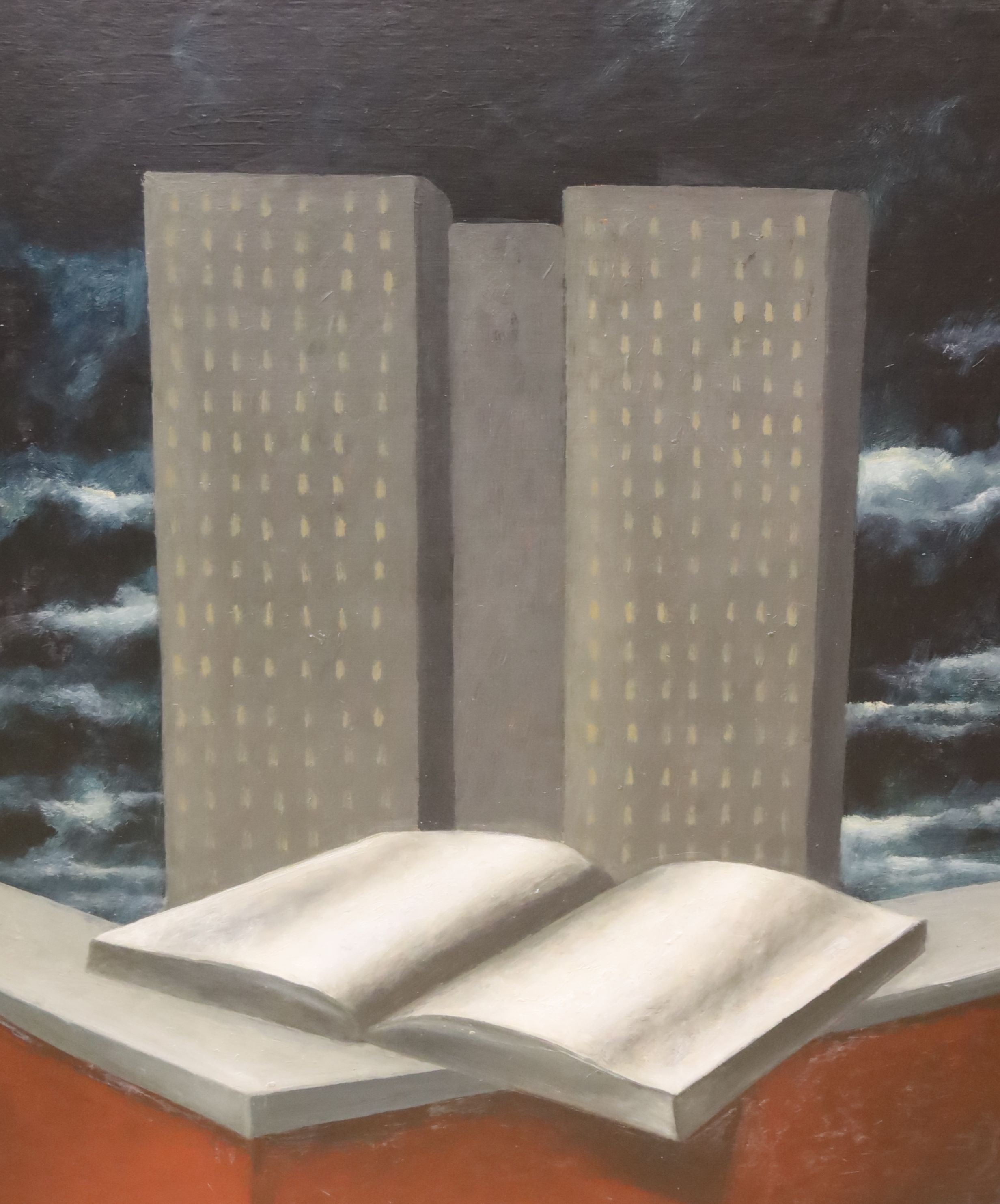 David Hosie (Scottish b.1962), oil on paper, Tower Block 1989, signed, label verso, 64 x 55cm